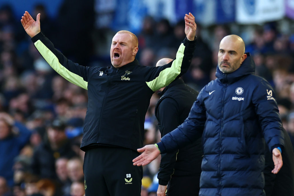 Everton manager Sean Dyche reacts during the Premier League match between Everton FC and Chelsea FC at Goodison Park on December 22, 2024 in Liverp...