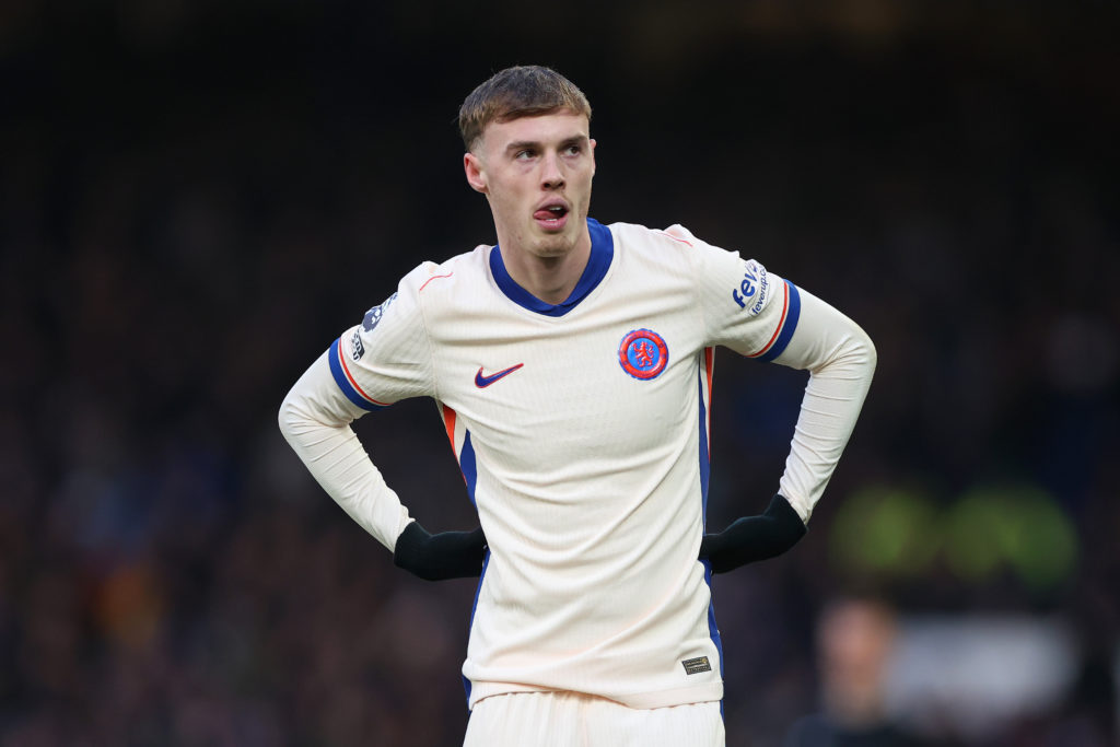 Cole Palmer of Chelsea looks on during the Premier League match between Everton FC and Chelsea FC at Goodison Park on December 22, 2024 in Liverpoo...