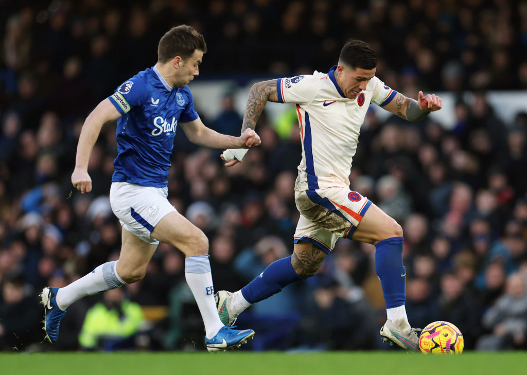 Seamus Coleman of Everton and Enzo Fernandez of Chelsea during the Premier League match between Everton FC and Chelsea FC at Goodison Park on Dece...