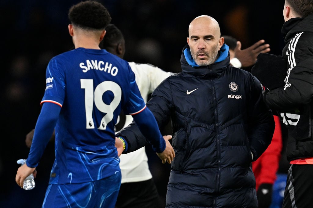 Enzo Maresca, Manager of Chelsea, shakes hands with Jadon Sancho of Chelsea after the team's defeat in the Premier League match between Chelsea FC ...