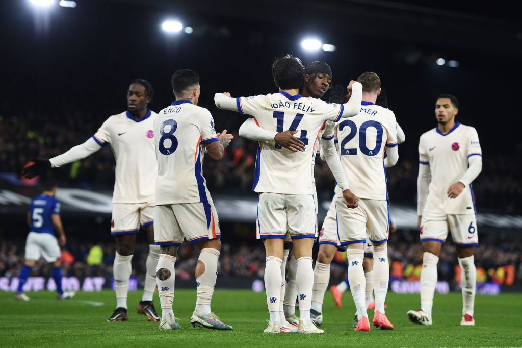 Joao Felix of Chelsea celebrates with teammate Noni Madueke after scoring a goal which was then later ruled out for offside