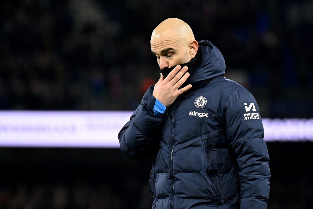 Enzo Maresca, Manager of Chelsea, appears dejected at the end of the Premier League match between Ipswich Town FC and Chelsea FC at Portman Road on...