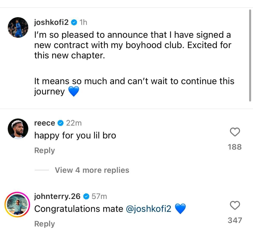 Reece James and John Terry react as Josh Acheampong signs Chelsea deal Josh Acheampong reacts to new Chelsea deal, Reece James and John Terry responds