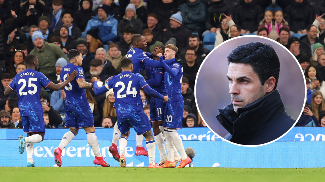 Chelsea players celebrating with an inset of Mikel Arteta