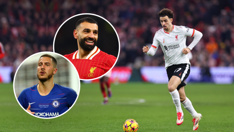 Curtis Jones in Liverpool kit with two insets Eden Hazard (Chelsea kit) and Mo Salah (Liverpool kit)