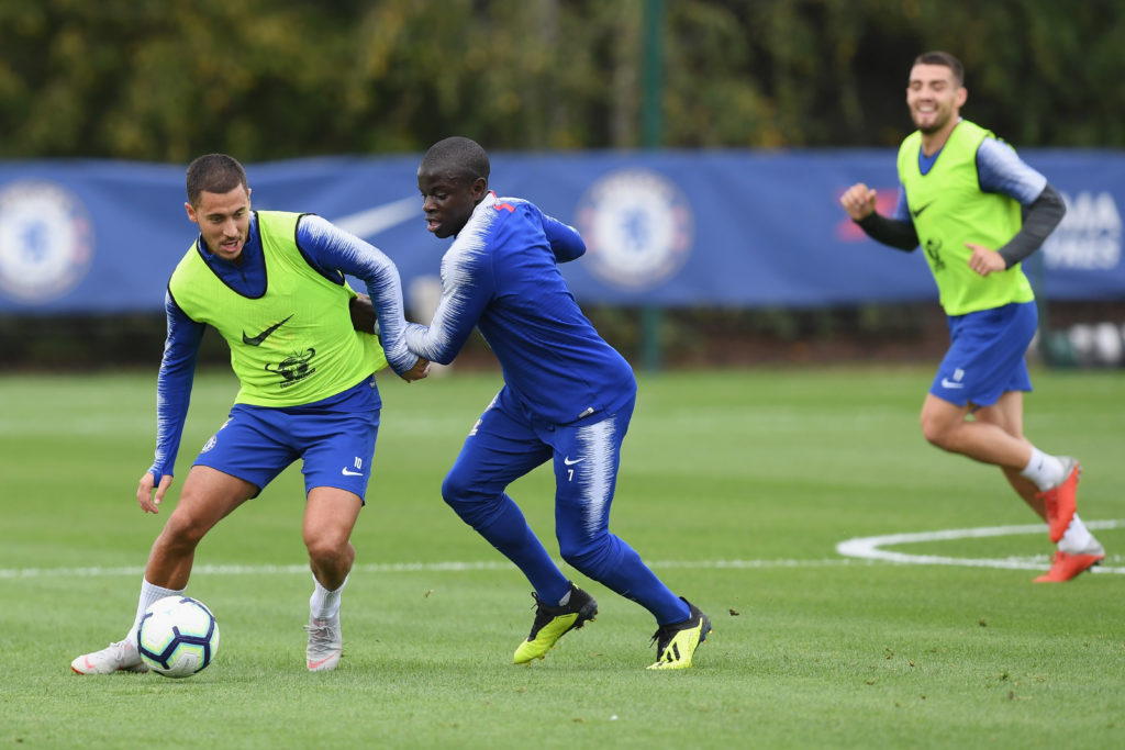 Eden Hazard and N'Golo Kante of Chelsea during a training session at Chelsea Training Ground on September 14, 2018 in Cobham, England.