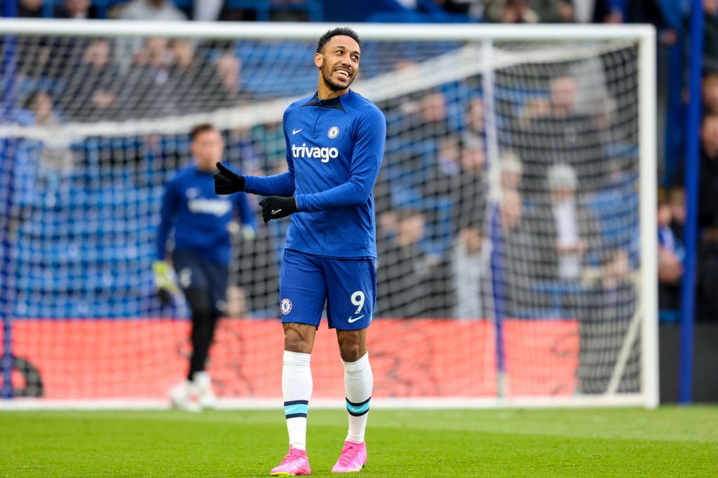 Pierre-Emerick Aubameyang of Chelsea reacts during the Premier League match between Chelsea FC and Brentford FC at Stamford Bridge on April 26, 202...