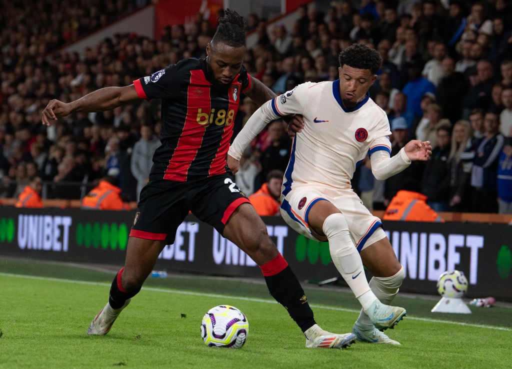 Jadon Sancho of Chelsea (right) and Antoine Semenyo of AFC Bournemouth during the Premier League match between AFC Bournemouth and Chelsea FC at Vi...