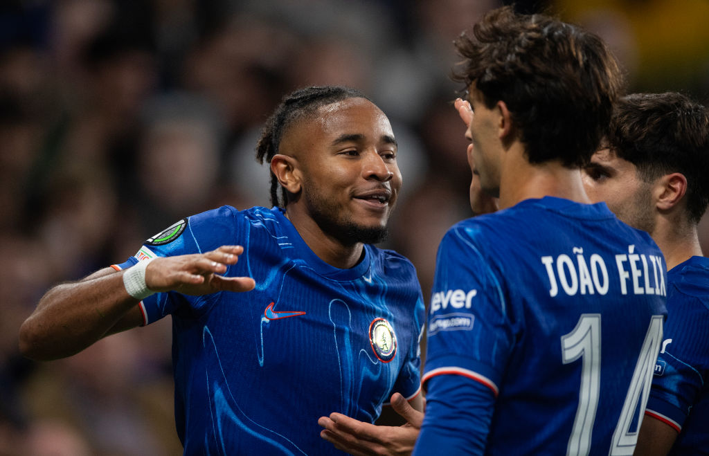 Christopher Nkunku of Chelsea celebrates his goal with Joao Felix during the UEFA Conference League 2024/25 League Phase MD1 match between Chelsea ...