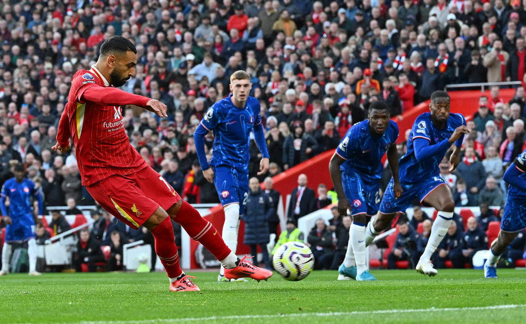 (THE SUN OUT, THE SUN ON SUNDAY OUT) Mohamed Salah of Liverpool scoring the opening goal during the Premier League match between Liverpool FC and ...