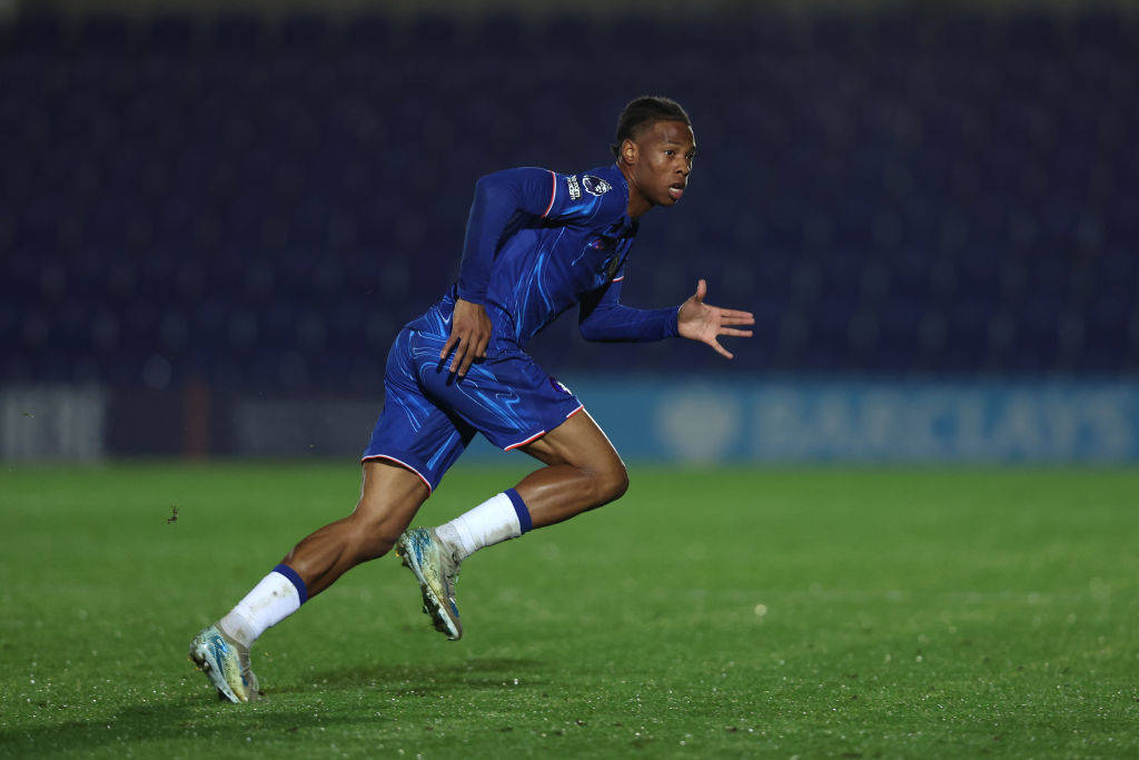 Ishe Samuels-Smith of Chelsea during the Premier League 2 match between Chelsea U21 and Leicester City U21 at Kingsmeadow on October 25, 2024 in Ki...