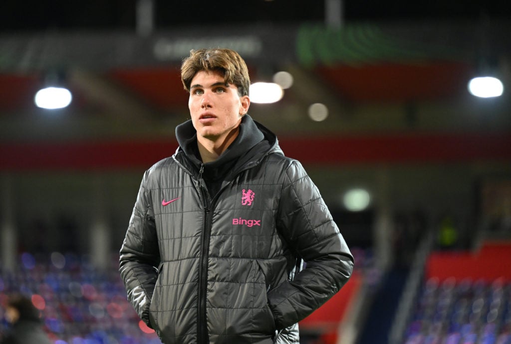 Cesare Casadei of Chelsea inspects the pitch ahead of the UEFA Conference League 2024/25 League Phase MD4 match between 1. FC Heidenheim 1846 and C...