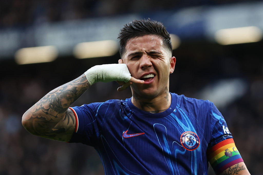 Enzo Fernandez of Chelsea celebrates scoring his team's second goal during the Premier League match between Chelsea FC and Aston Villa FC at Stamfo...
