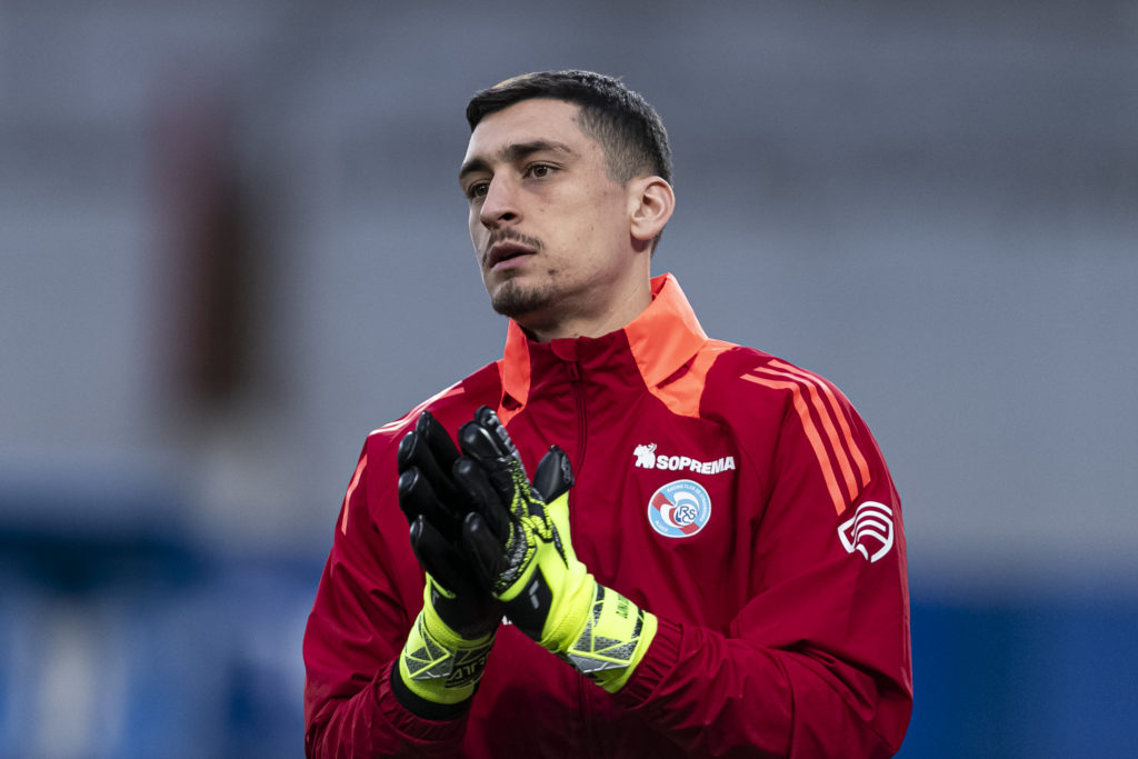 Goalkeeper Djordje Petrovic of Strasbourg warming up during the Ligue 1 match between RC Strasbourg Alsace and Stade de Reims at Stade de la Meinau...