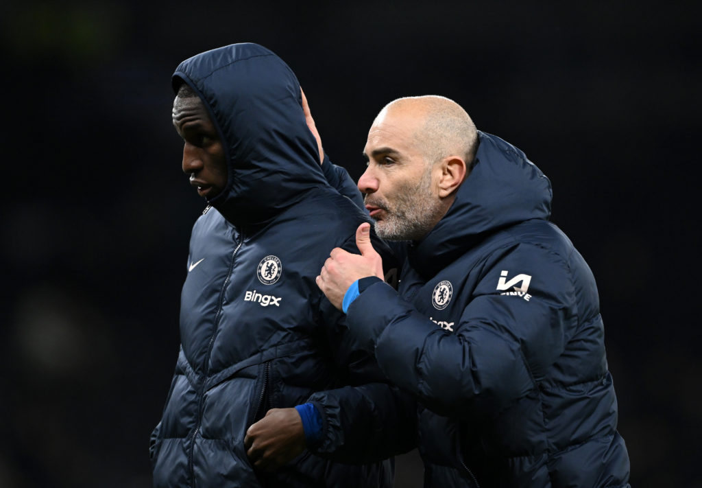 Enzo Maresca, Manager of Chelsea, interacts with Nicolas Jackson of Chelsea after the Premier League match between Tottenham Hotspur FC and Chelsea...