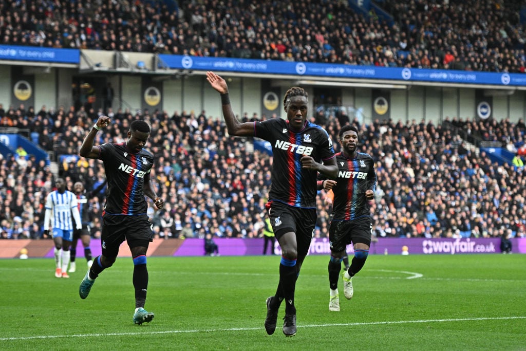 Trevoh Chalobah of Crystal Palace celebrate with Marc Guehi and Jefferson Lerma after scoring the first goal during the Premier League match betwee...