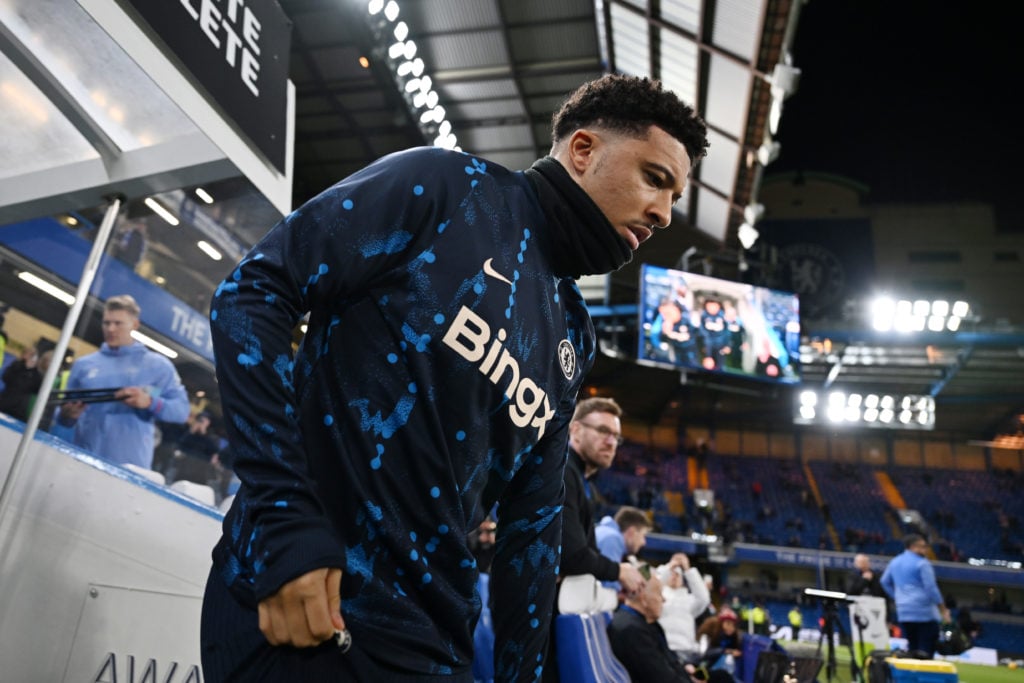 Jadon Sancho of Chelsea enters the pitch to warm up prior to the Premier League match between Chelsea FC and Brentford FC at Stamford Bridge on Dec...