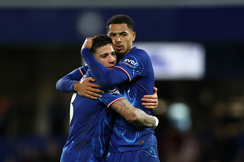 Enzo Fernandez and Levi Colwill of Chelsea celebrate after the team's victory during the Premier League match between Chelsea FC and Brentford FC a...