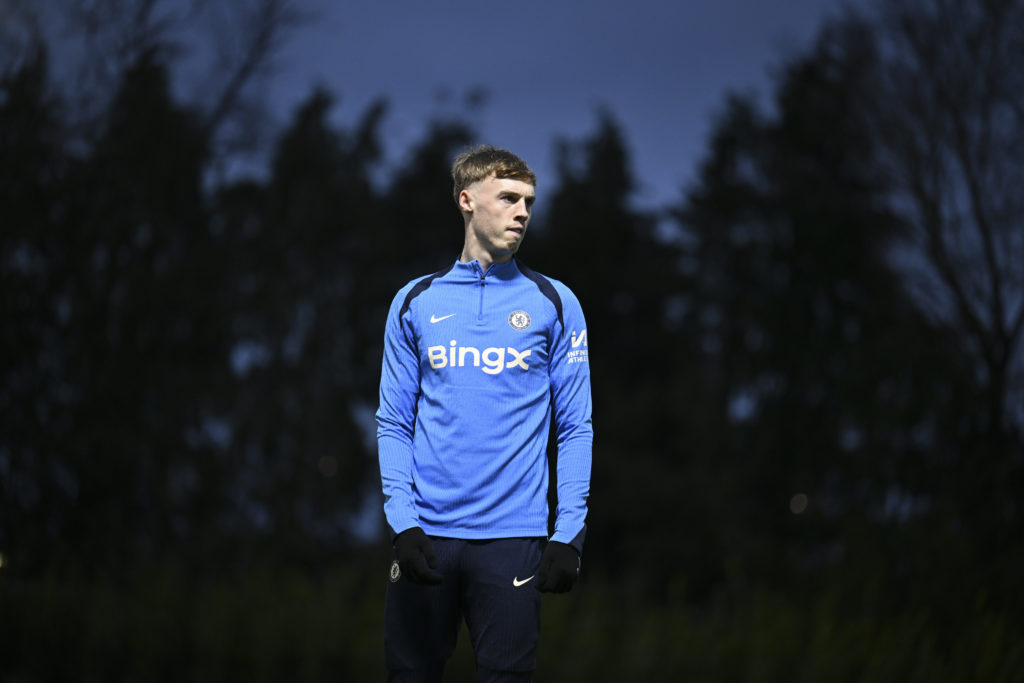 Cole Palmer of Chelsea during a training session at Chelsea Training Ground on December 20, 2024 in Cobham, England.