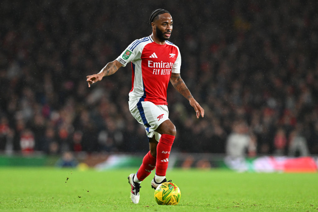 Raheem Sterling of Arsenal runs with the ball during the Carabao Cup Quarter Final match between Arsenal and Crystal Palace at Emirates Stadium on ...