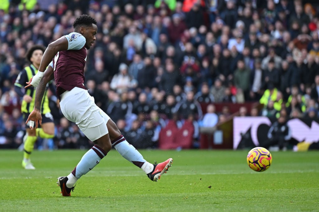 Jhon Duran of Aston Villa scores his team's first goal during the Premier League match between Aston Villa FC and Manchester City FC at Villa Park ...