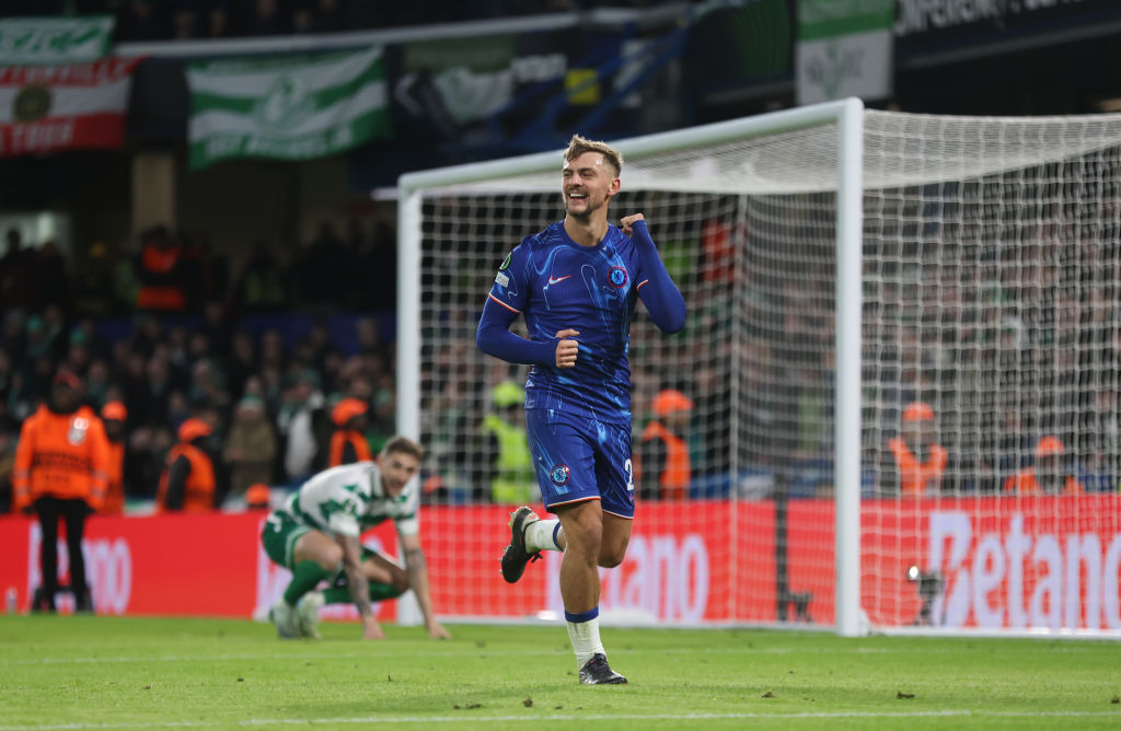 Chelsea's Kiernan Dewsbury-Hall celebrates scoring his side's third goal during the Europa Conference League League Stage match between Chelsea and...