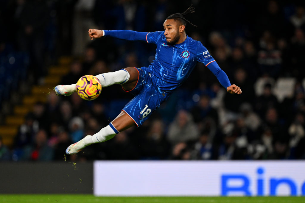 Christopher Nkunku of Chelsea shoots during the Premier League match between Chelsea FC and Fulham FC at Stamford Bridge on December 26, 2024 in Lo...