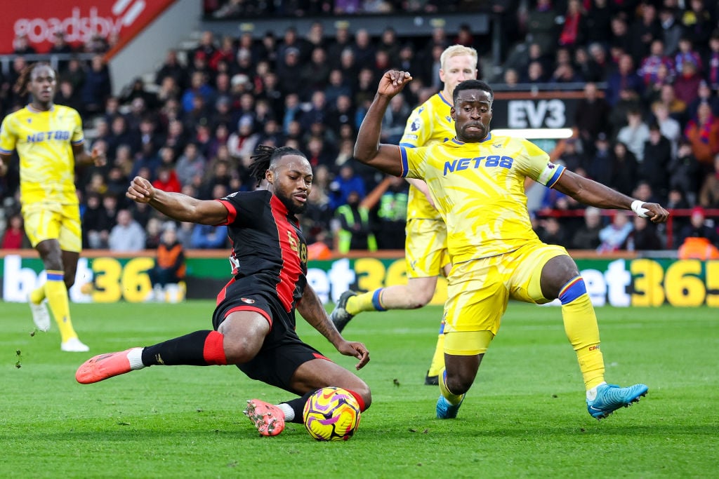 Marc Guéhi of Crystal Palace slides in to block Antoine Semenyo of Bournemouth shot during the Premier League match between AFC Bournemouth and Cry...