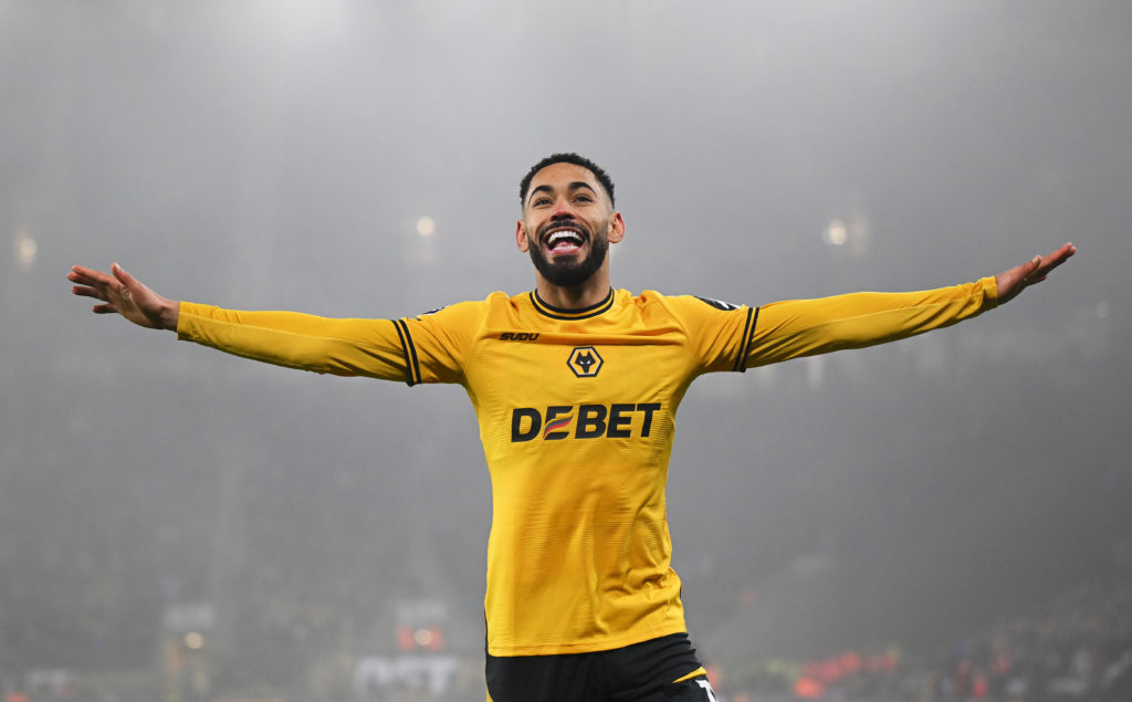 Matheus Cunha of Wolverhampton Wanderers celebrates scoring his team's first goal during the Premier League match between Wolverhampton Wanderers F...