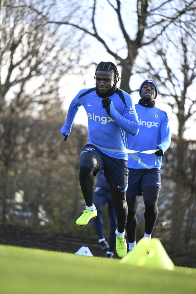 Romeo Lavia of Chelsea during a training session at Chelsea Training Ground on January 2, 2025 in Cobham, England.