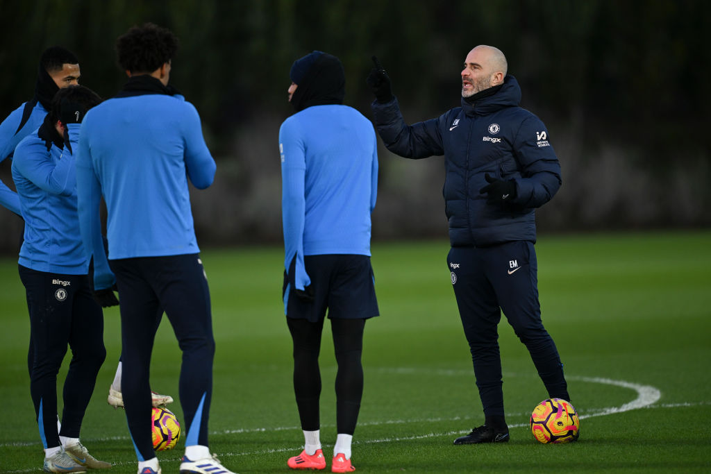 Head Coach Enzo Maresca of Chelsea during a training session at Chelsea Training Ground on January 3, 2025 in Cobham, England.