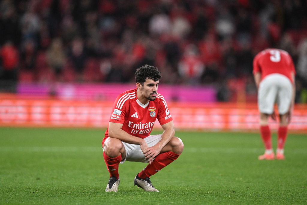 Benfica's Portuguese defender #44 Tomas Araujo reacts at the end of the Portuguese League football match between SL Benfica and SC Braga at Luz sta...