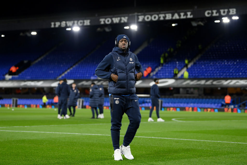 Axel Disasi of Chelsea inspects the pitch ahead of the Premier League match between Ipswich Town FC and Chelsea FC at Portman Road on December 30, ...