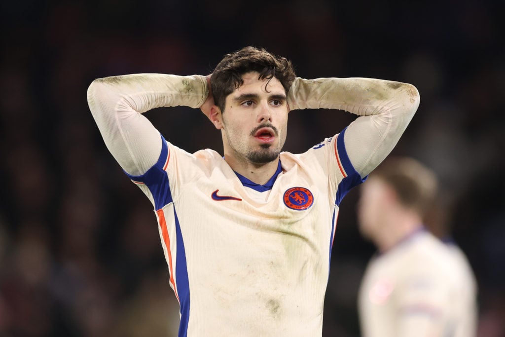 Pedro Neto of Chelsea reacts after a missed chance during the Premier League match between Crystal Palace FC and Chelsea FC at Selhurst Park on Jan...