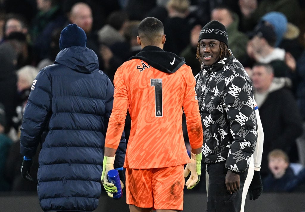Robert Sanchez of Chelsea speaks with Trevoh Chalobah after the Premier League match between Crystal Palace FC and Chelsea FC at Selhurst Park on J...