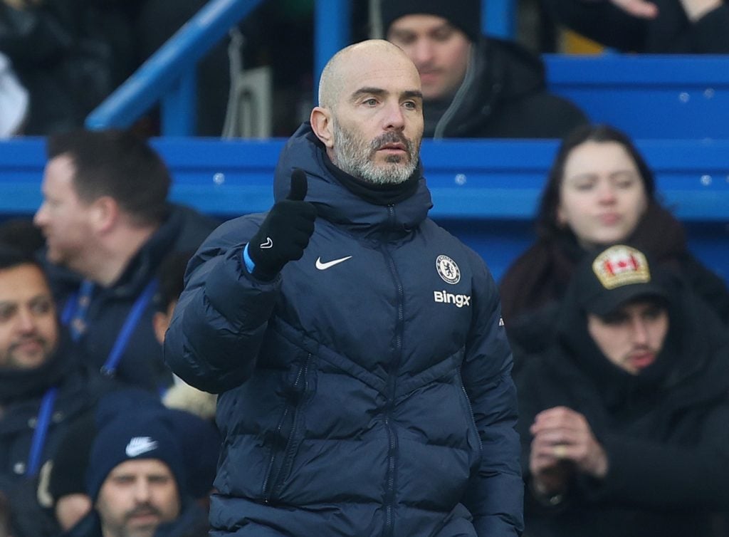 Enzo Maresca Manager of Chelsea gives the thumbs up to his players during the Emirates FA Cup Third Round match between Chelsea and Morecambe at St...