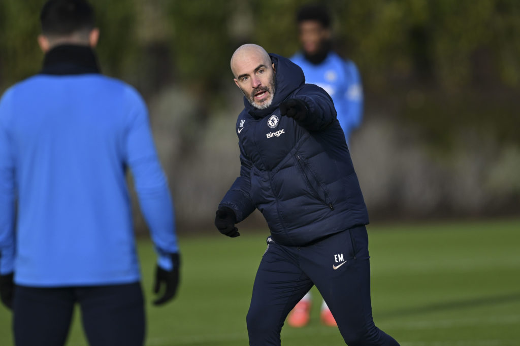 Head Coach Enzo Maresca of Chelsea during a training session at Chelsea Training Ground on January 13, 2025 in Cobham, England.