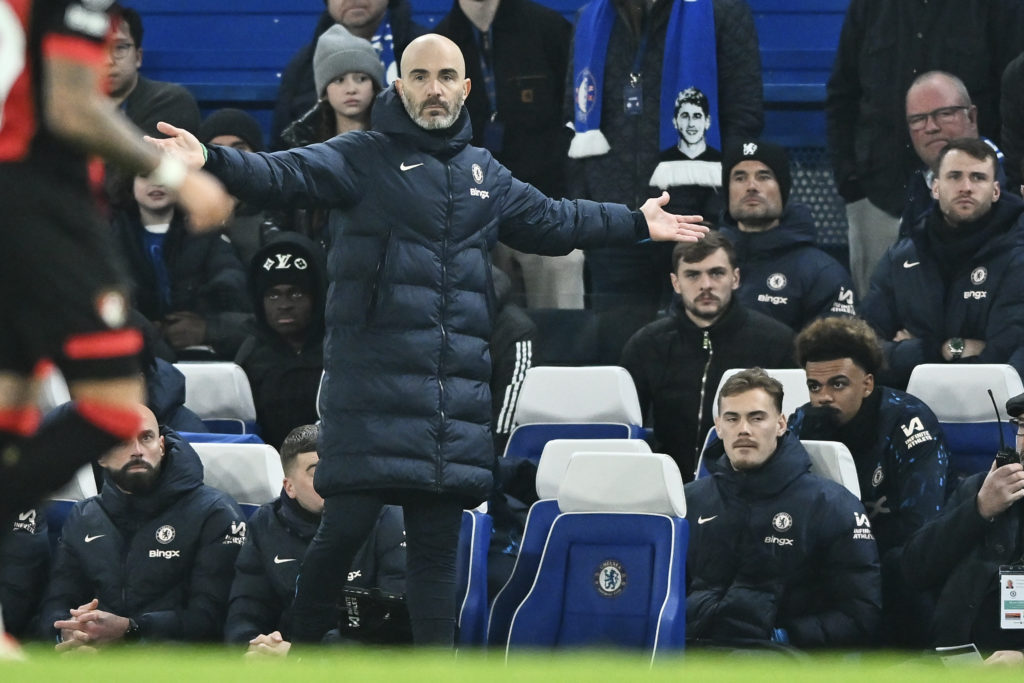 Enzo Maresca manager of Chelsea gestures during the Premier League match between Chelsea FC and AFC Bournemouth at Stamford Bridge on January 14, 2...
