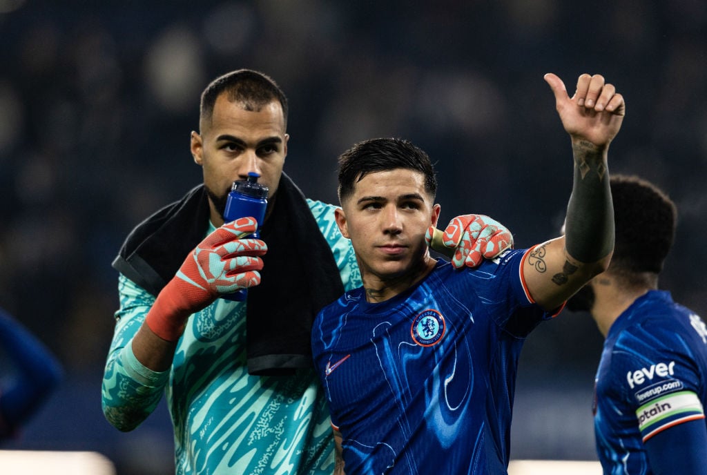 Chelsea's Robert Sanchez (left) and Enzo Fernandez at the end of the match during the Premier League match between Chelsea FC and AFC Bournemouth ...