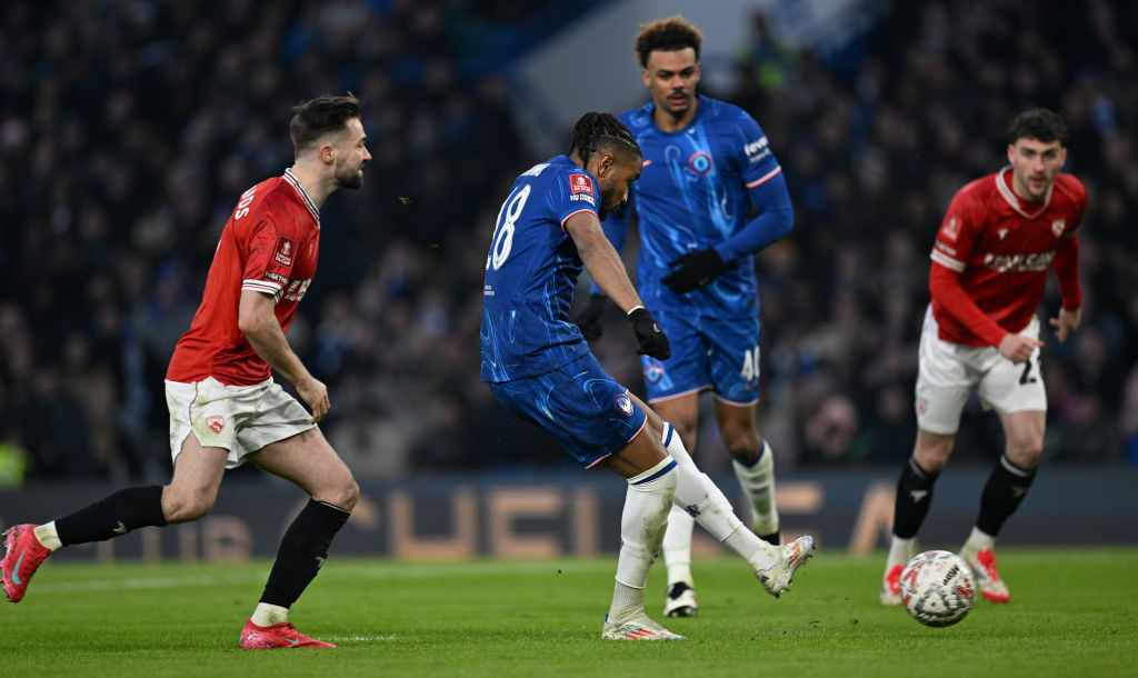 Christopher Nkunku of Chelsea scores his team's second goal during the Emirates FA Cup Third Round match between Chelsea and Morecambe at Stamford ...