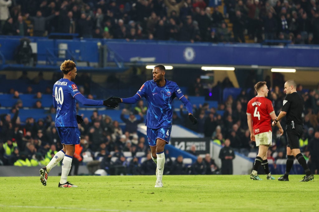 Tosin Adarabioyo of Chelsea celebrates scoring his team's third goal with team mate Renato Veiga during the Emirates FA Cup Third Round match betwe...