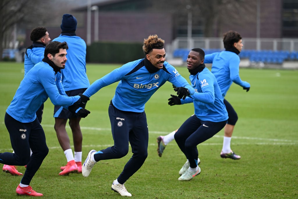 Pedro Neto and Renato Veiga of Chelsea during a training session at Chelsea Training Ground on January 17, 2025 in Cobham, England.