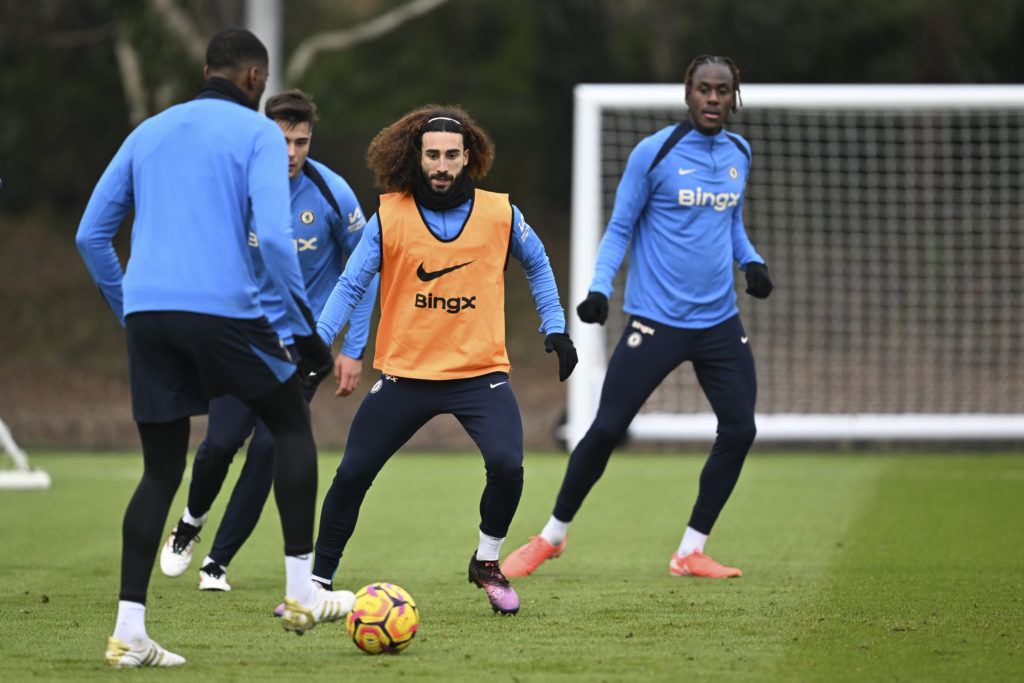 Marc Cucurella of Chelsea during a training session at Chelsea Training Ground on January 17, 2025 in Cobham, England.