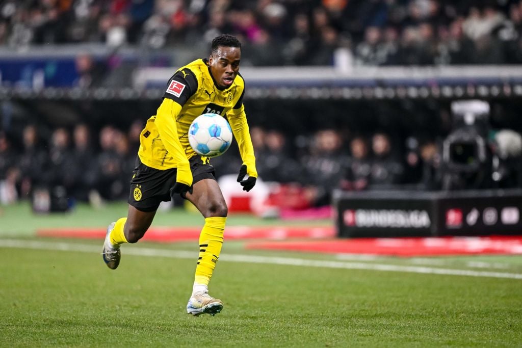 Jamie Gittens of Borussia Dortmund controls the Ball during the Bundesliga match between Eintracht Frankfurt and Borussia Dortmund at Deutsche Bank...