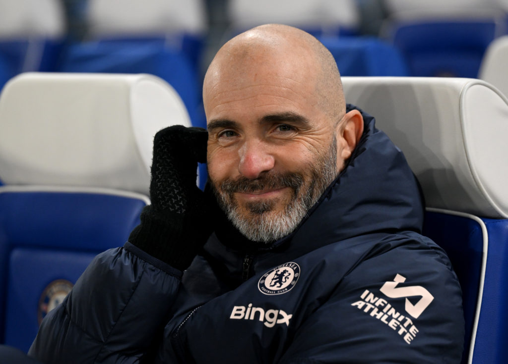Enzo Maresca, Manager of Chelsea, looks on prior to the Premier League match between Chelsea FC and AFC Bournemouth at Stamford Bridge on January 1...