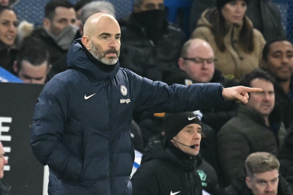 Chelsea's Italian head coach Enzo Maresca gestures on the touchline during the English Premier League football match between Chelsea and Wolverhamp...