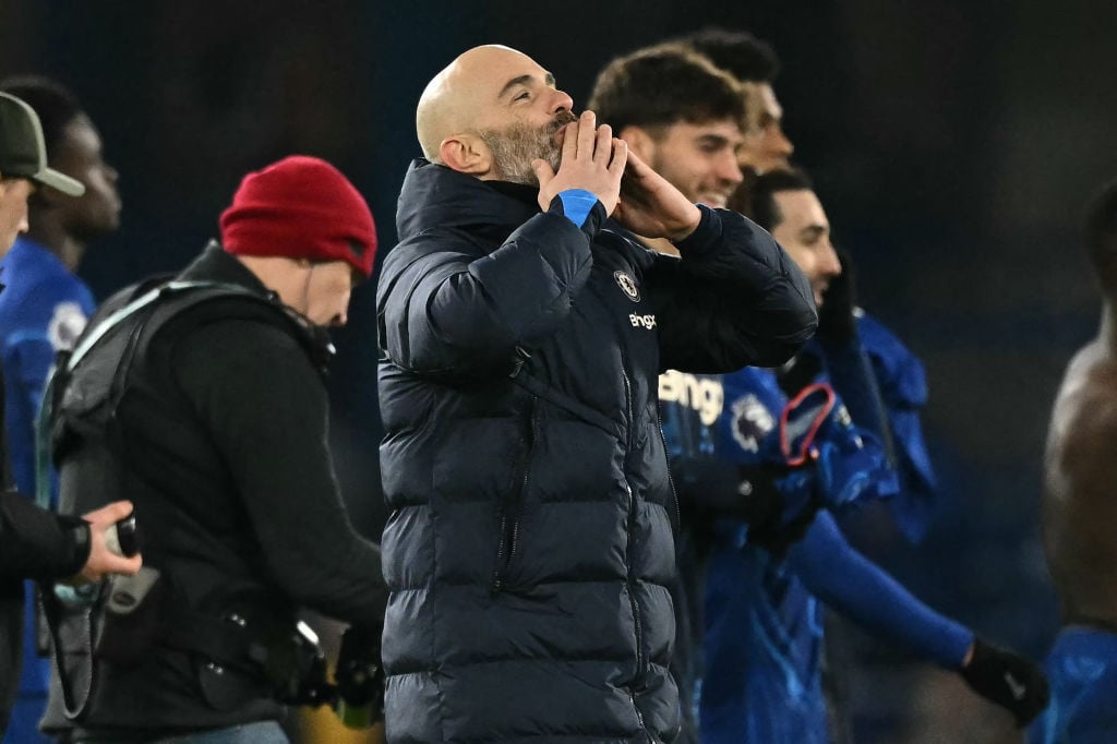 Chelsea's Italian head coach Enzo Maresca blows kisses as he reacts to their win after the English Premier League football match between Chelsea an...