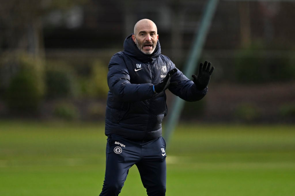 Head Coach Enzo Maresca of Chelsea during a training session at Chelsea Training Ground on January 23, 2025 in Cobham, England.