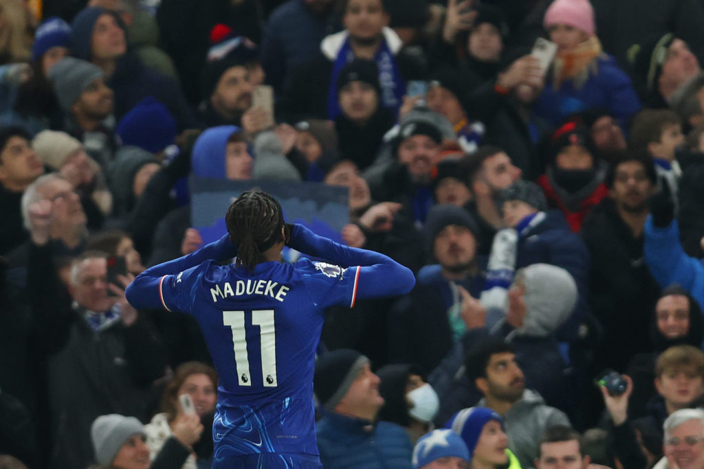 Noni Madueke of Chelsea celebrates scoring his team's third goal during the Premier League match between Chelsea FC and Wolverhampton Wanderers FC ...