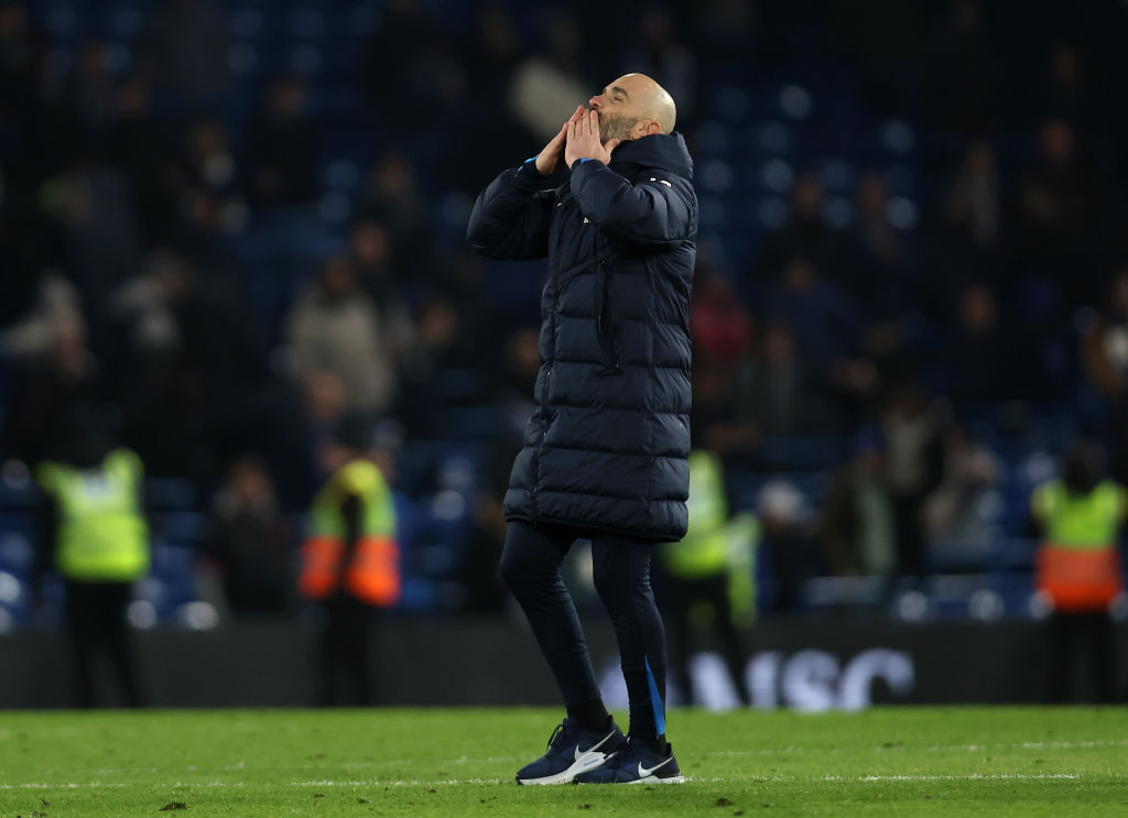 Enzo Maresca, Manager of Chelsea, acknowledges the fans at the end of the Premier League match between Chelsea FC and Wolverhampton Wanderers FC at...